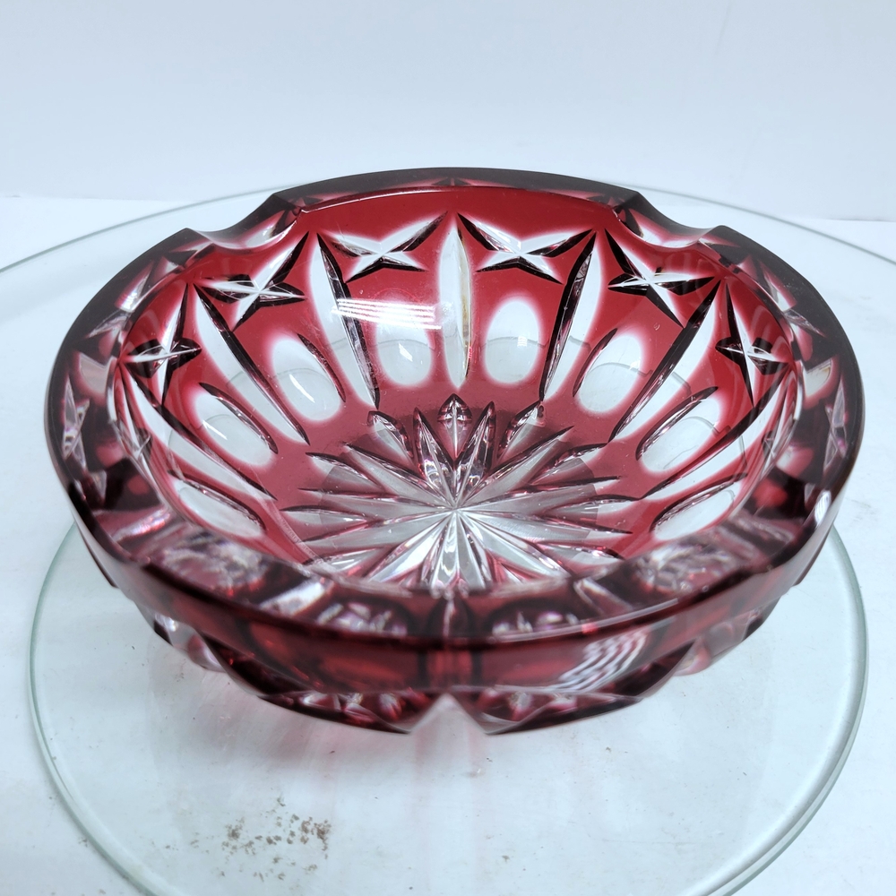 Vintage Bohemian Red Cut To Clear Crystal Glass Ashtray